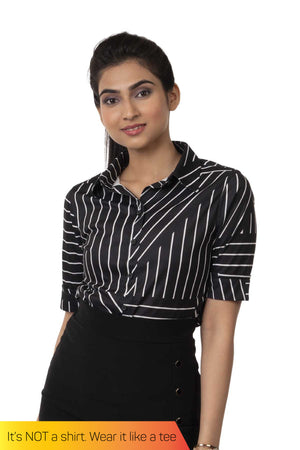 Black with Abstract Geometric Stripes Regular Fit Shirtee