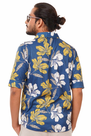 Navy Blue Mustard and White Large Floral Pattern Regular Fit Shirtee