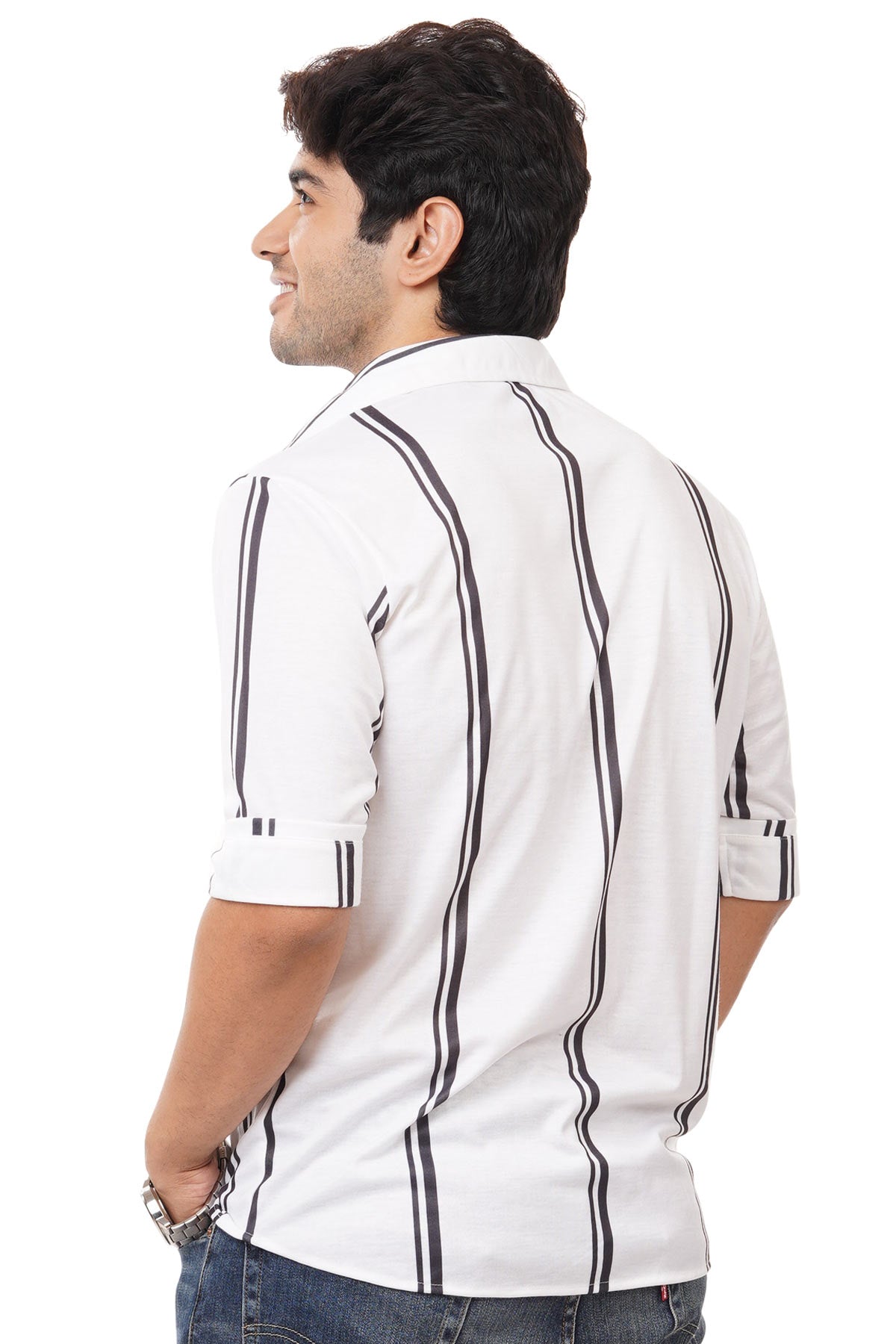 White with Black Vertical Stripes Regular Fit Shirtee