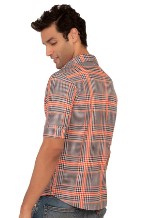 Blue Orange and Off White Houndstooth Large Checks Pattern Regular Fit Shirtee