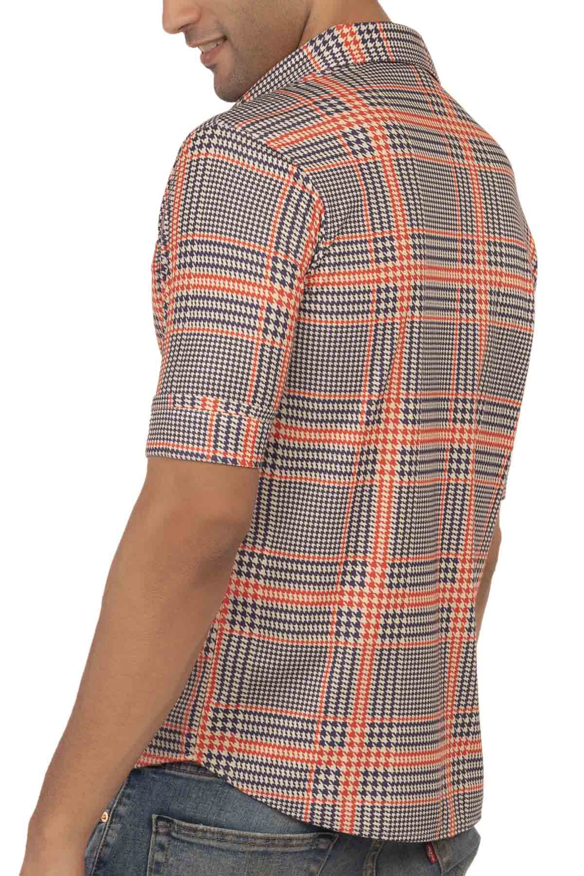 Blue Orange and Off White Houndstooth Large Checks Pattern Regular Fit Shirtee