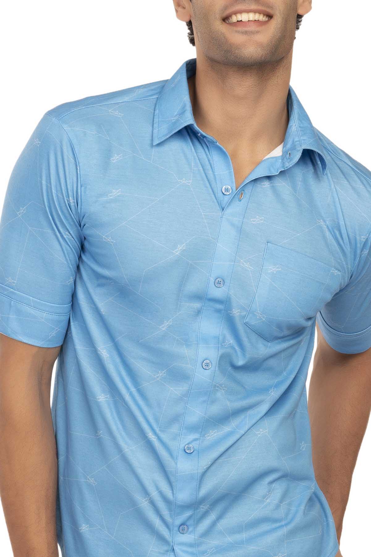 Ocean Blue Geometric Paper Boat Pattern Regular Fit Shirtee