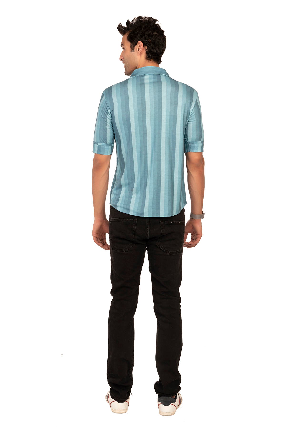 Teal Blue Vertical Large Stripe Regular Fit Shirtee