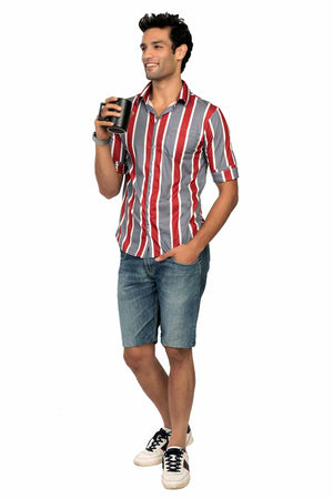 Grey Red and White Large Stripe Regular Fit Shirtee