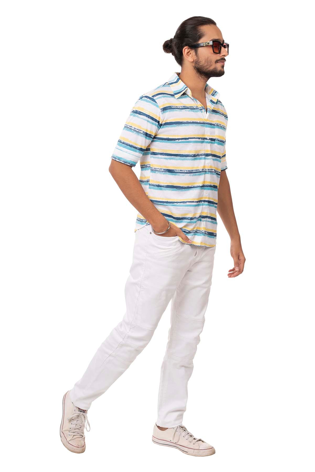 White with Blue and Yellow Rough Horizontal Stripes Pattern Regular Fit Shirtee
