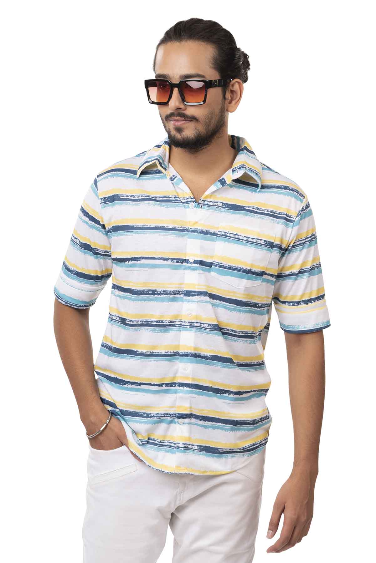 White with Blue and Yellow Rough Horizontal Stripes Pattern Regular Fit Shirtee