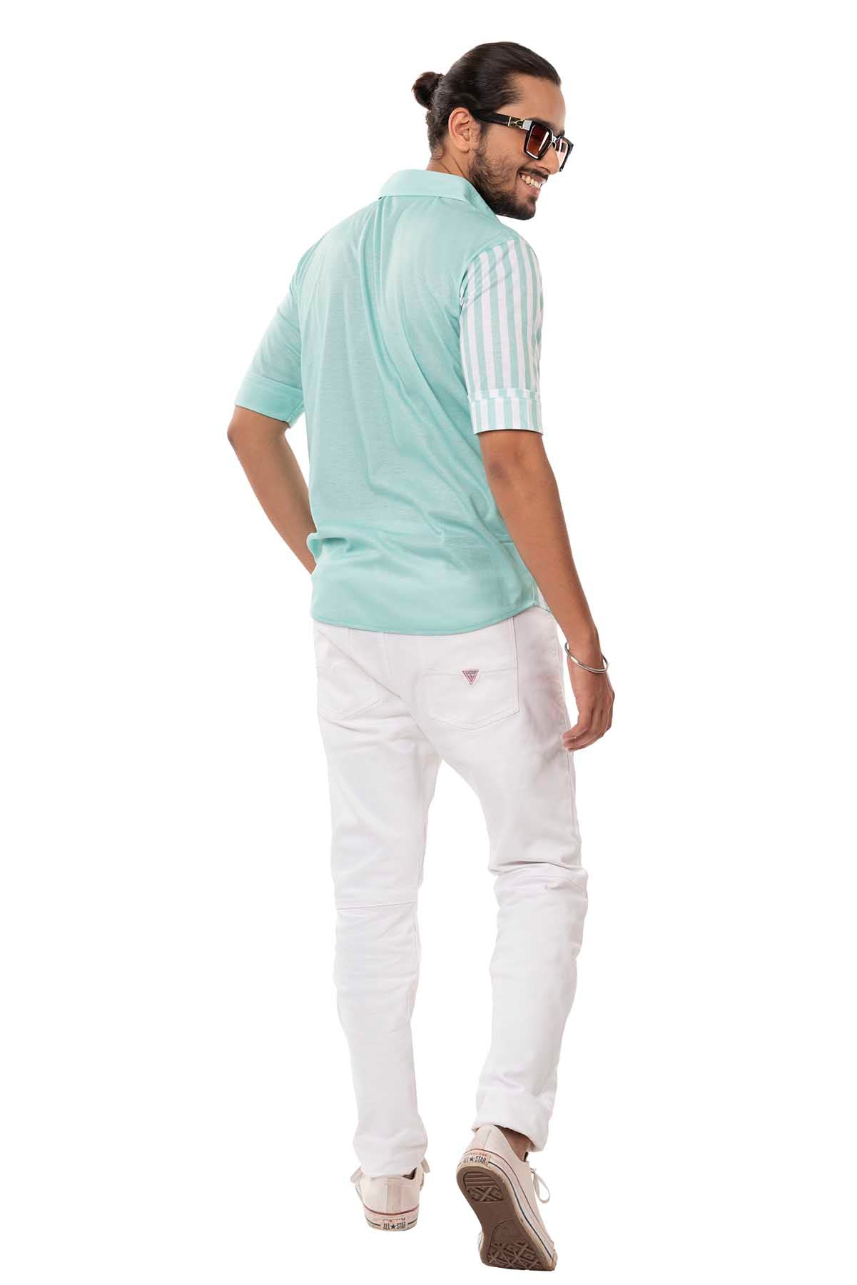 Tiffany Blue Green Aquamarine Asymmetric White Vertical Stripes Regular Fit Shirtee